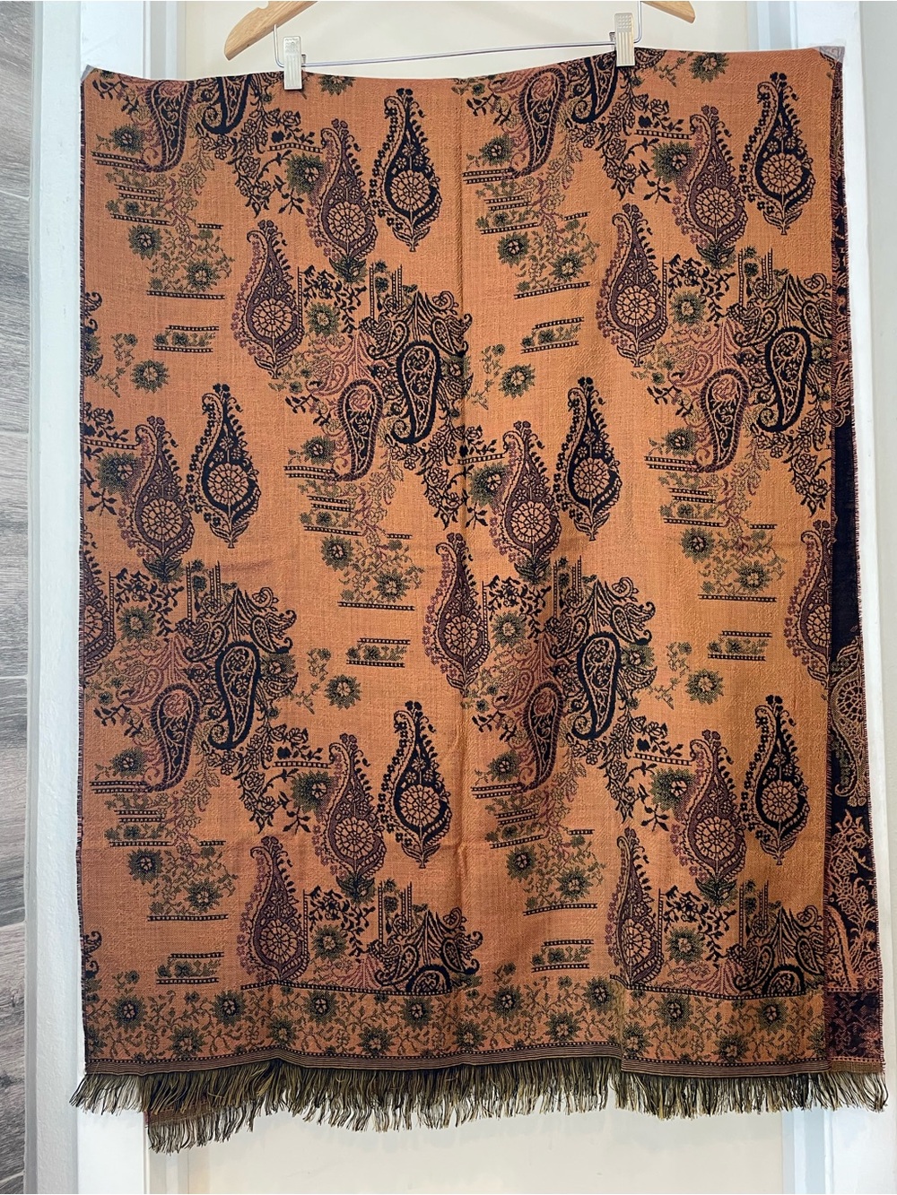 Silk and Cashmere Paisley Knit Wrap Scarf - Tan & Black